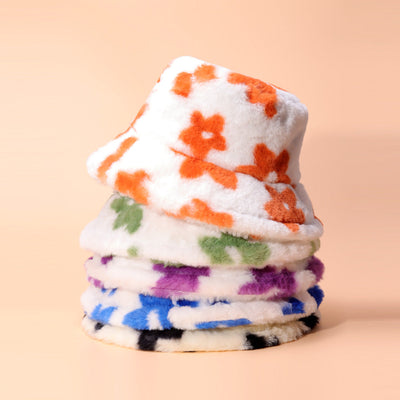 Blumenmuster-Plüsch-Bucket-Hat